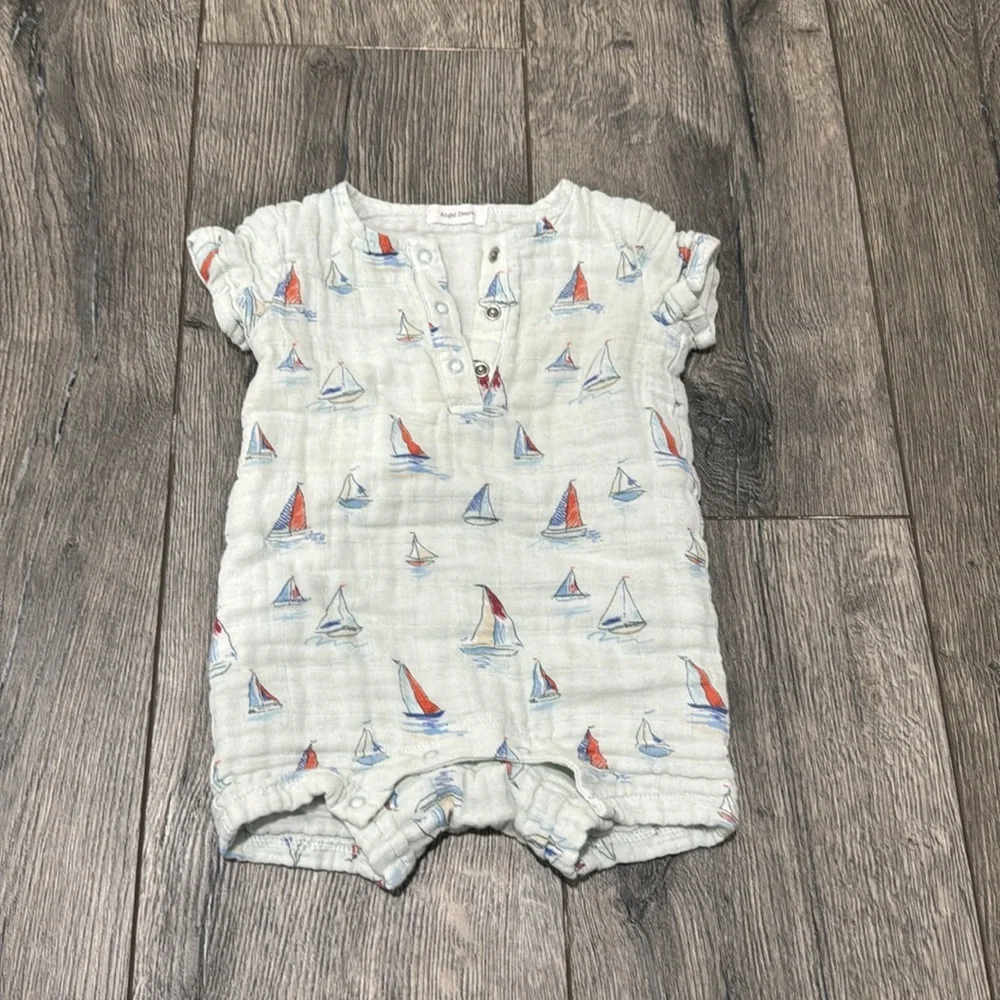 • Angel Dear • Baby Henley Shortall One Piece Sketchy Sailboat Print Blue & Red